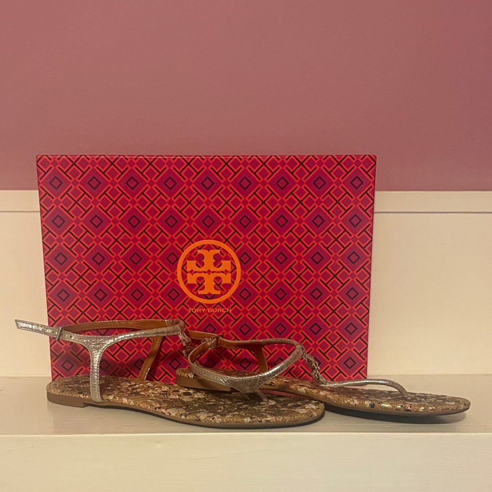 Two pairs of Tory Burch sandals both size 8 silver metallic pair & blue pair